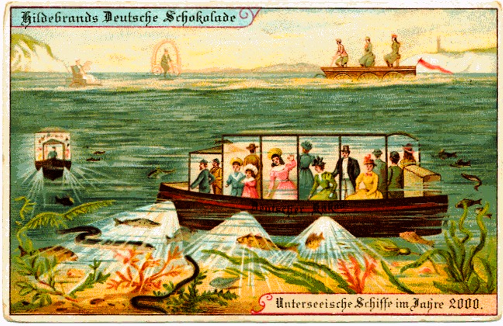 Vintage illustration from the late 19th/early 20th century of futuristic underwater vehicles